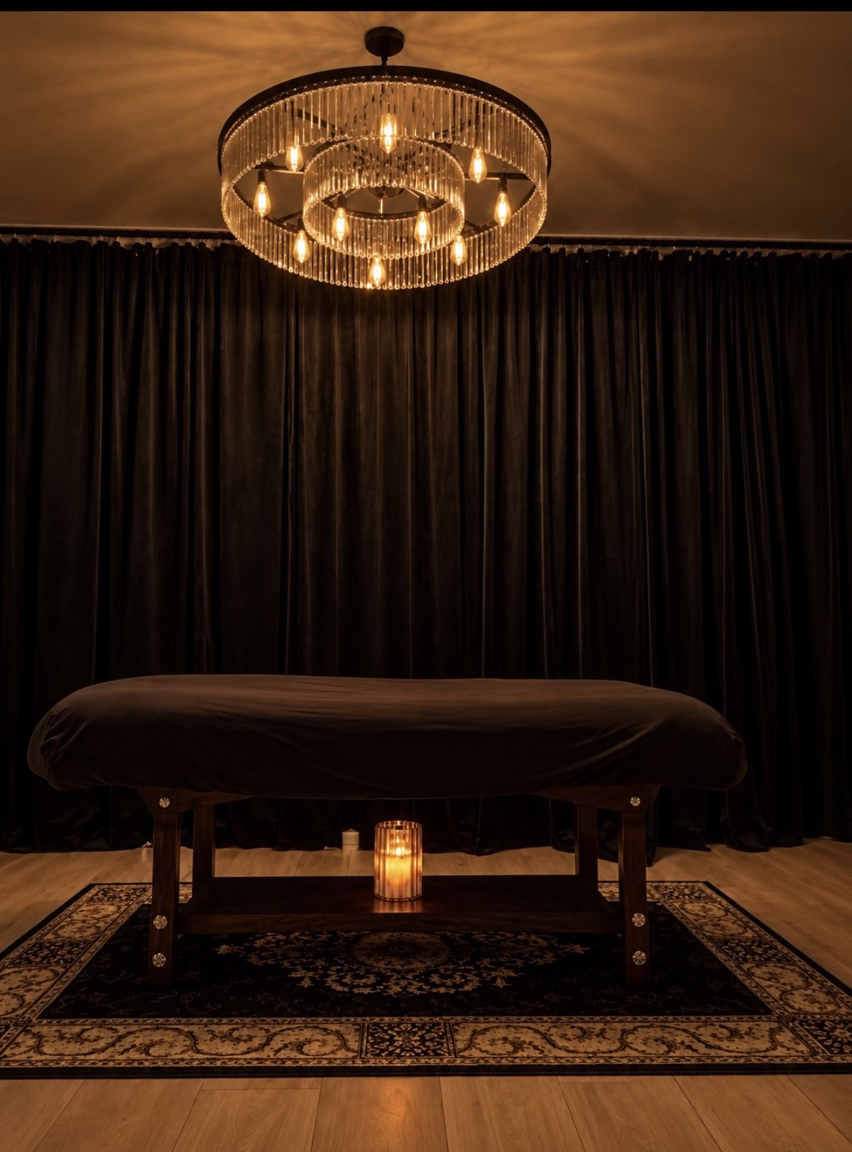 Heated massage table under the chandelier